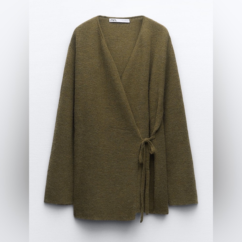 Zara olive green wool and alpaca blend wrap sweater with tie size M